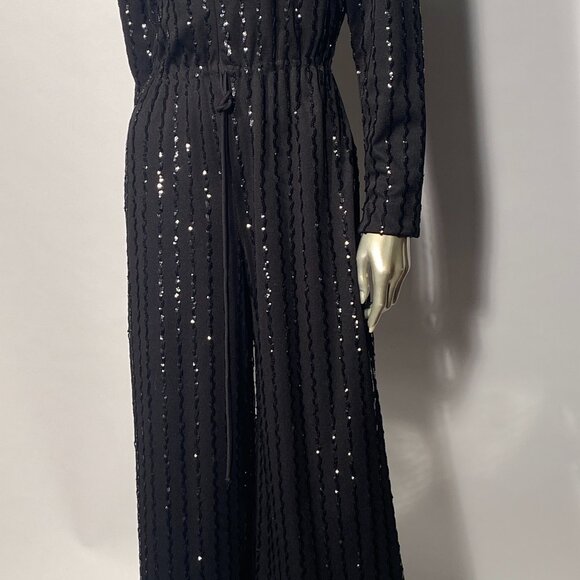 Amazing Disco 1970s Black Sequin Belted Bell Bottom Jumpsuit By Lee Jordan - Picture 3 of 6